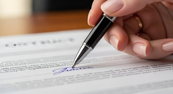 Hand signing a contract with a pen, close-up on signature