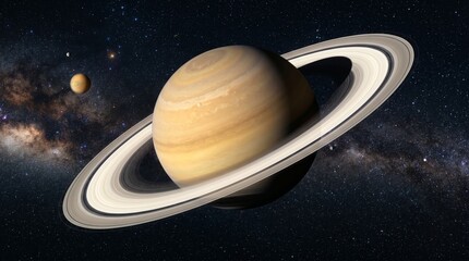 Naklejka premium A captivating digital illustration of the majestic ringed planet Saturn with its prominent icy rings and a companion moon, set against the mesmerizing expanse of stars and a glowing cosmic background