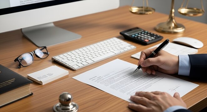 Lawyer signing contract on desk with computer, scales of justice, glasses, and calculator