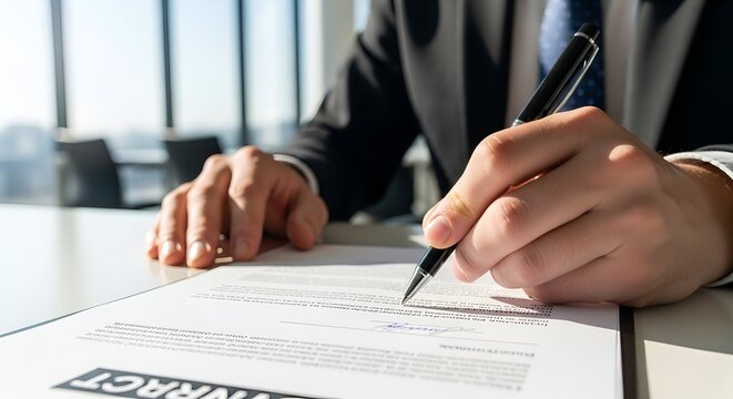 Businessperson signing a contract with a pen, close-up on hand and document.
