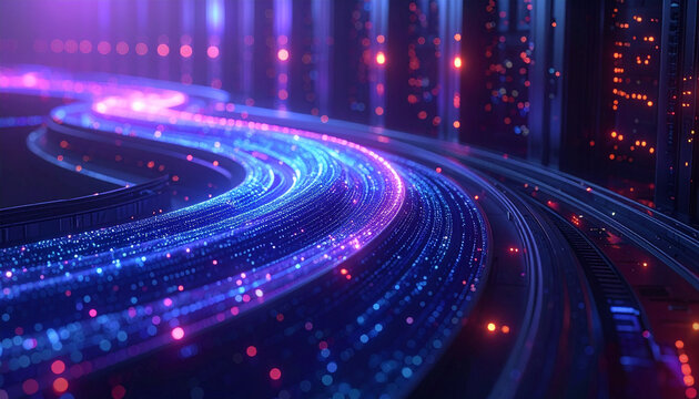 Digital Highway: Neon streaks of light symbolize the flow of data and information along a digital highway, highlighting the modern interconnectedness and technological advancements.