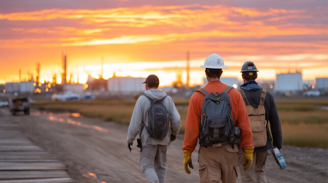 Environmental litigation team departs a Superfund site at twilight in field gear, carrying soil core samples in sealed containers as a state agency attorney photographs the industrial facility perim