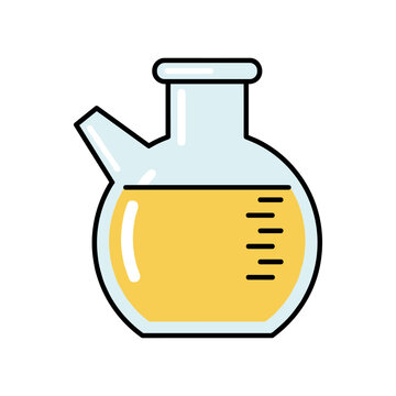 Laboratory glass retort flask containing yellow chemical liquid for scientific research