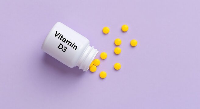 Vitamin D3 supplement pills spilling from white bottle, yellow tablets spread on a light purple background, promoting wellbeing