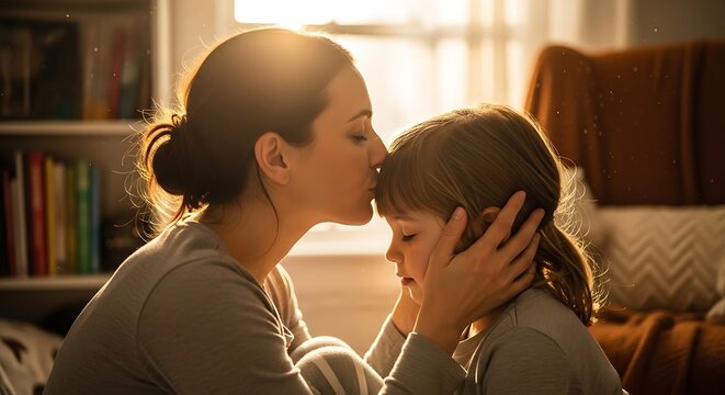 Mother gently kissing her child's forehead with love
