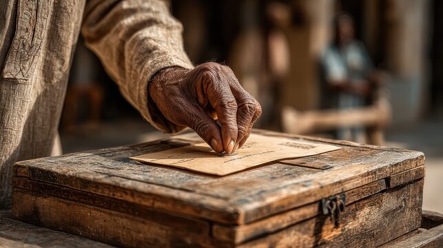 Old hand dropping something onto a vintage wooden box