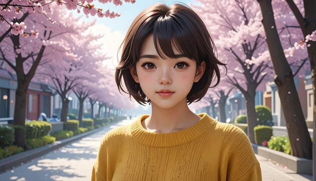 Anime Girl in Cherry Blossom Alley - A Serene Spring Portrait.