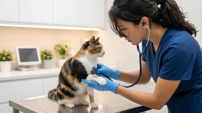 Veterinarian Examining a Calico Cat