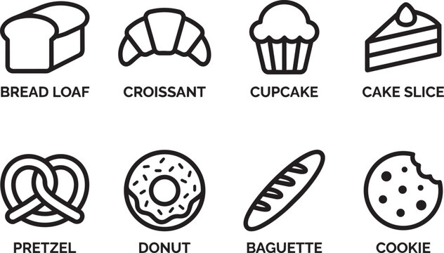 Bakery bread line icons with bread loaf croissant cupcake cake slice pretzel donut baguette cookie for pastry shop