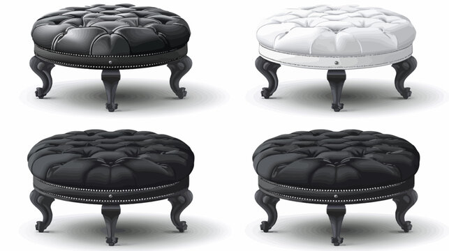 Four tufted, round ottomans three black and one white, atop ornate black legs