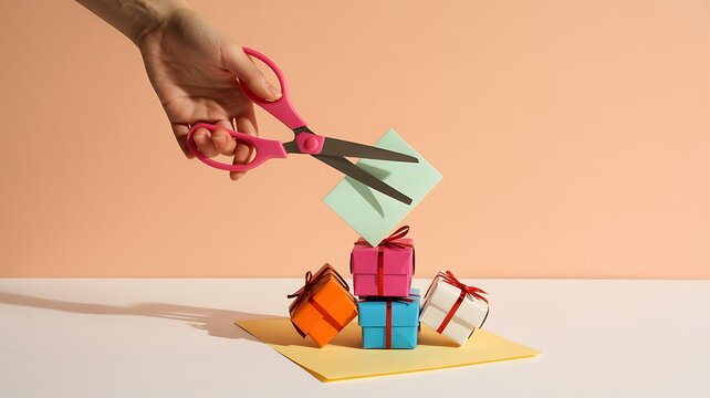 A hand cuts a gift card with scissors on a table with presents