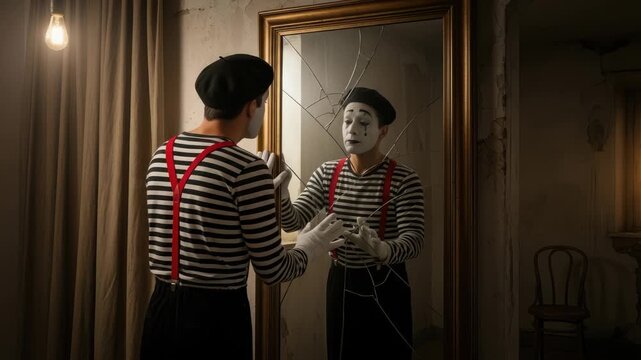 Captivating Mime Artist Performance Reflecting on Broken Mirror and Internal Struggles