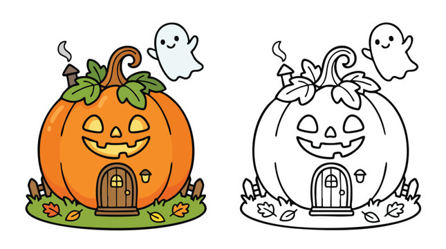 Halloween Pumpkin House with Friendly Ghost for Kids Coloring Book Activity