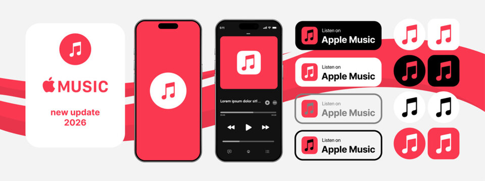  Apple Music streaming platform vector theme. Features sleek UI screens showcasing music player, playlists, and artist profiles. Perfect for app mockups, UX/UI presentations,and music-related editoria