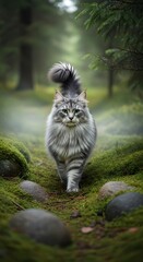 Obraz premium Silver Gray Norwegian Forest Cat in Misty Spruce Forest – Portrait Nature Art