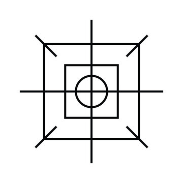 Target reticle graphic with central crosshair, concentric circle and square markers symbolizing precision, focus, alignment and clear objective for ui, tech and targeting concepts