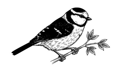 Blue Tit Bird on Branch Hand Drawn Engraving Style Vector Illustration Isolated on White Background © MdMafijur