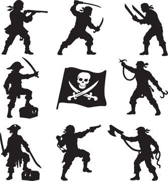 Pirate silhouette collection with 8 buccaneer characters and jolly roger flag, nautical corsair vector set with swords and muskets, maritime adventure icons