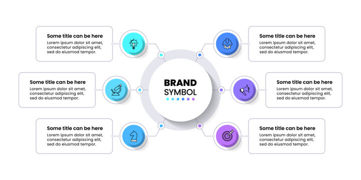 Infographic template. 6 circles connected to a title in the middle
