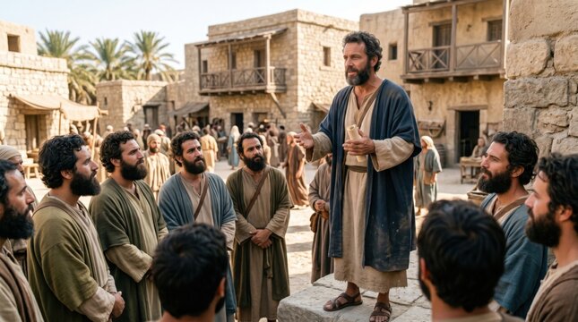 Philip the evangelist preaching to the people in Samaria. Ancient biblical scene depicting the spreading of the Gospel and the Acts of the Apostles. Historical religious historical event.