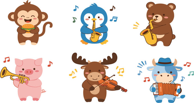 Cute animal musicians collection with monkey penguin bear pig moose and cow playing instruments cartoon vector illustration set for kids