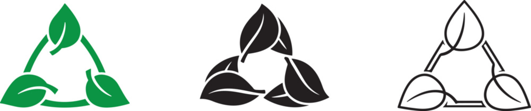 Green leaves recycle icon set with eco symbols for sustainability, reuse, and environmental design.