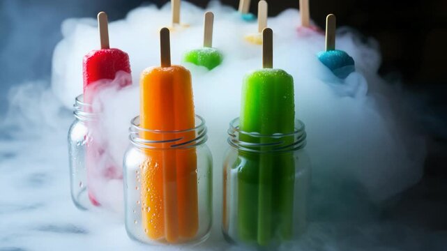 Colorful popsicles in glass jars surrounded by a cloud of vapor creates a refreshing treat