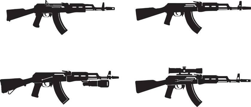 Assault rifle silhouette set, black automatic weapon icons, military firearm vector collection with tactical scope and flashlight attachments