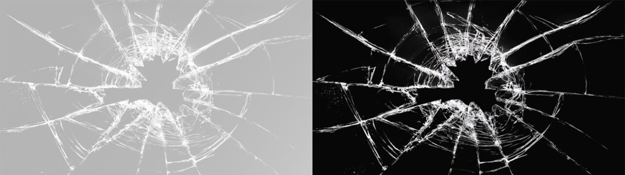 Realistic broken glass set, atmospheric cracked window surface and shattered hole effect on grey and black background