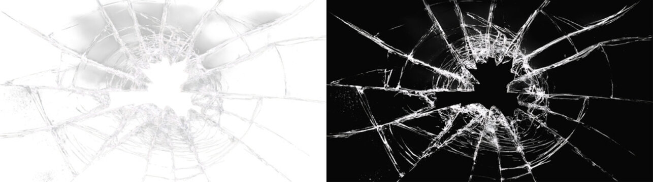 Realistic broken glass set, atmospheric cracked window surface and shattered hole effect on white and black background