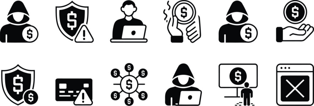 Fraud and Cybersecurity Icon Set Hacking Phishing Scam Warning Vector