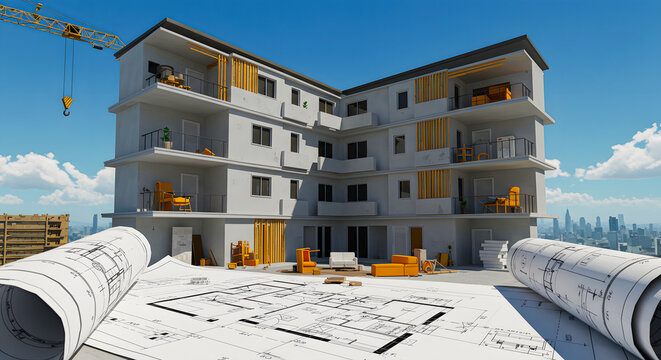 Architectural blueprints for a modern residential building currently under construction, set against an urban cityscape, showcasing housing project development and future property planning