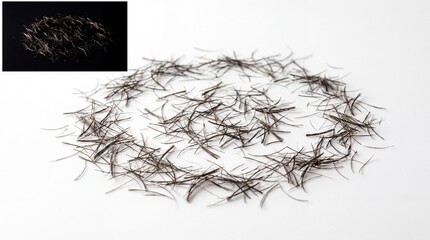 Fototapeta premium A pile of dark brown hair clippings scattered on a white background, representing a haircut or grooming session, isolated on white background