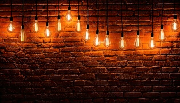 Rustic Brick Wall Illuminated by Vintage Edison Bulb String Lights.