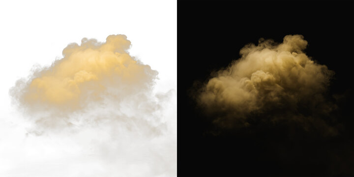 Realistic golden dust cloud set, atmospheric yellow smoke puff or sand explosion on contrast backgrounds