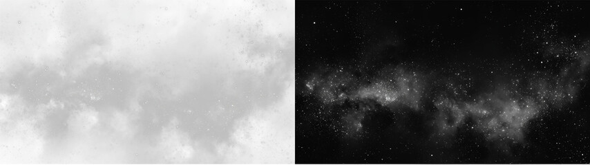 Realistic white cosmic dust set, atmospheric sparkling galaxy stars or powder particles on contrast backgrounds © Maxim