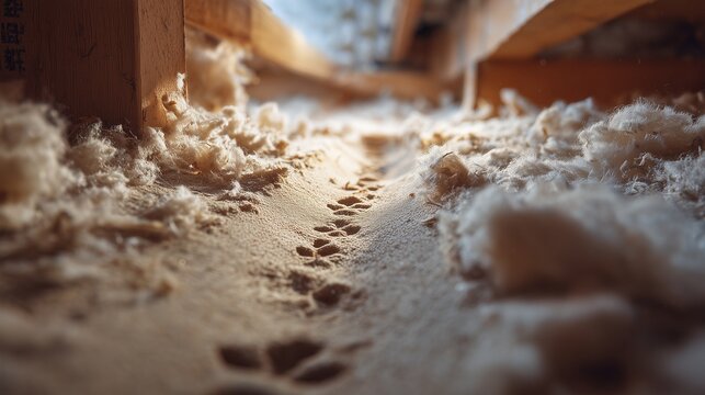 Rodent trail in attic insulation indicating rat path and nest activity, symbolizing rodent exclusion and rat house pest control need.