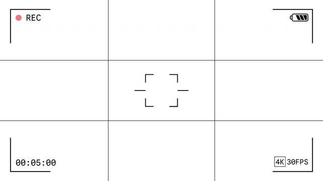 Camera Recording Screen Overlay with Alpha Channel on Transparent Background and Rule of Thirds Grid, Viewfinder Interface with Timer