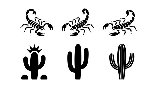 Scorpions and cacti icons representing desert life and environment with scorpion wildlife silhouette