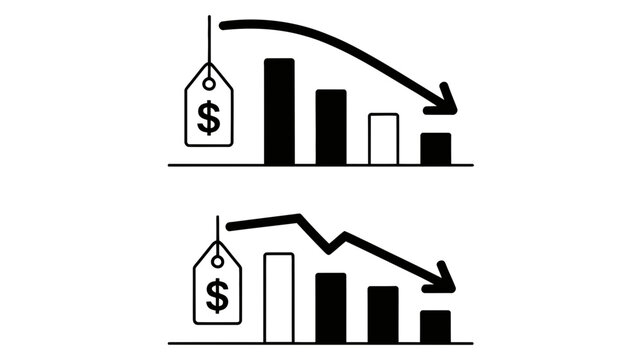 Falling price graph with dollar tags and downward trending arrows decrease economic business illustration
