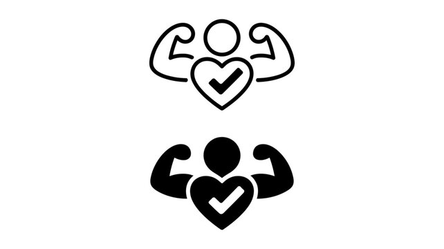 Strong person symbol with heart and checkmark for health and fitness strength wellbeing approval positive