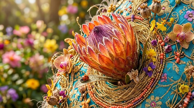 Closeup of Exquisite King Protea and Gold Headpiece Detail at Madeira Flower Festival