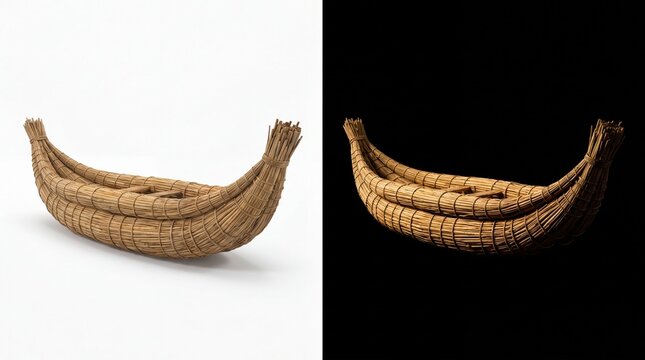 Handcrafted reed boat model, traditional ancient watercraft made of bundled straw, maritime vessel replica shown on white and black backgrounds