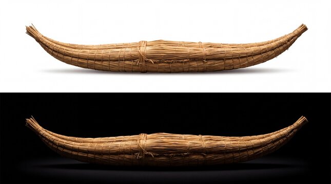 Traditional reed boat or balsa craft, a handcrafted vessel made from woven straw or dried reeds, isolated on white background