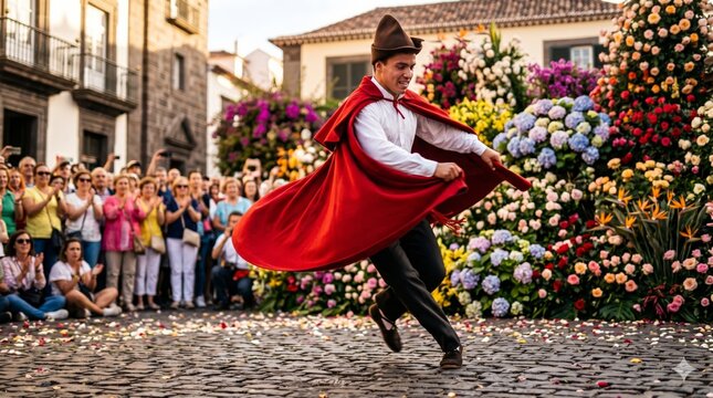 Low Angle Shot of Male Folk Dancer Spinning in Red Cape at Madeira Flower Festival