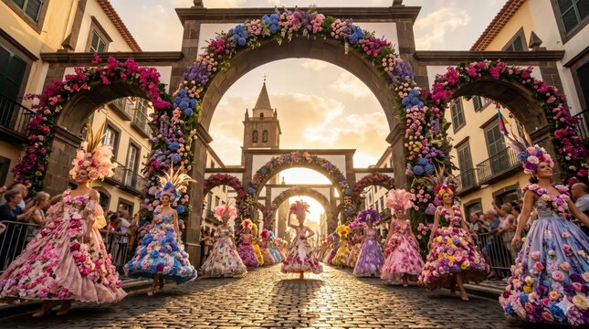 Procession at Madeira Flower Festival in Golden Hour