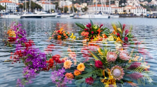 Abstract Water Reflection of Vibrant Madeira Flower Festival Colors in Harbor