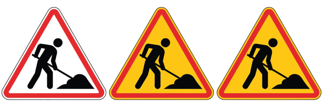 Road Under Construction Sign Collection with Work in Progress and Under Maintenance Symbols, Worker with Shovel Warning Icons Vector Set Isolated on White Background