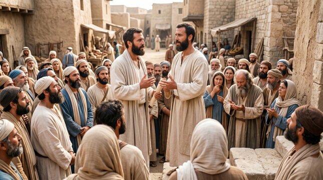 Apostle Philip preaching the word of God to the crowds in Samaria. Biblical scene representing the Acts of the Apostles, ministry, evangelism, faith and historical religious tradition.