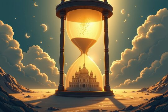 A giant, glowing hourglass where the sand falls upwards, slowly revealing a hidden, miniature city at the bottom.
